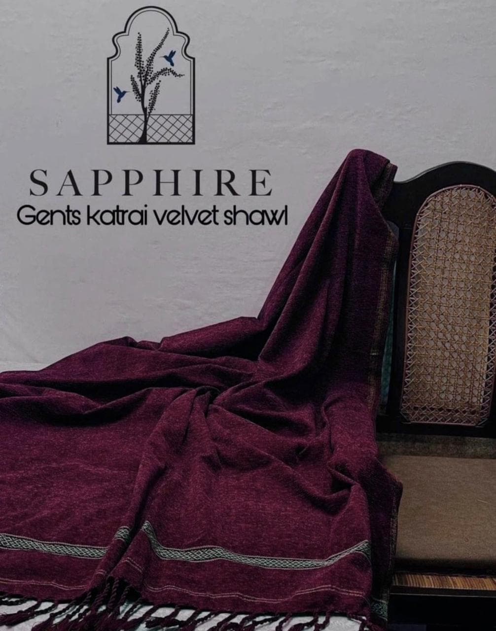 Maroon Velvet Shawl for Gents Winter Warm Elegant Tassels