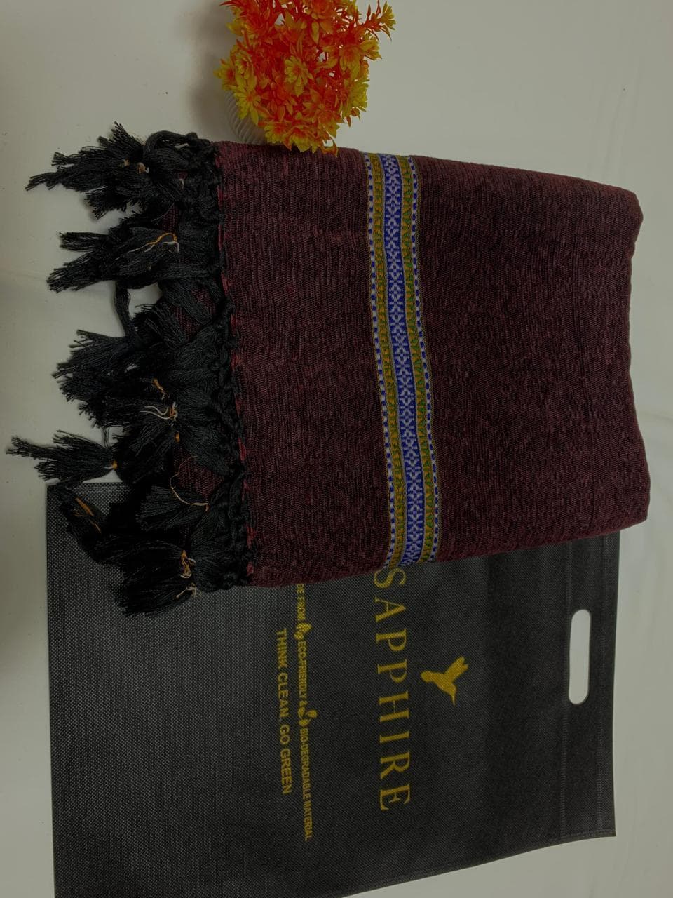 Maroon Velvet Shawl for Gents Winter Warm Elegant Tassels