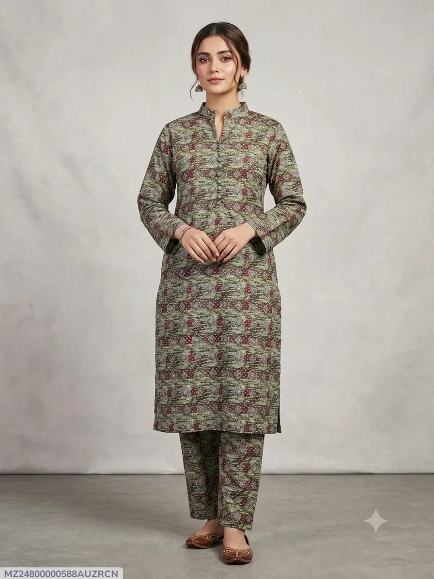 2 Pcs Women's Stitched Cotton Printed Shirt And Trouser