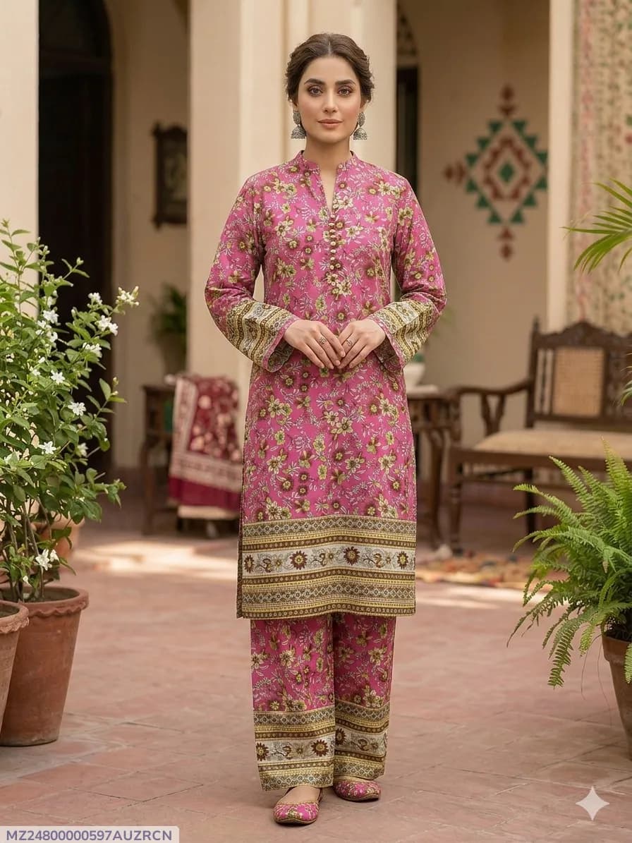 2 Pcs Women's Stitched Cotton Printed Shirt And Trouser