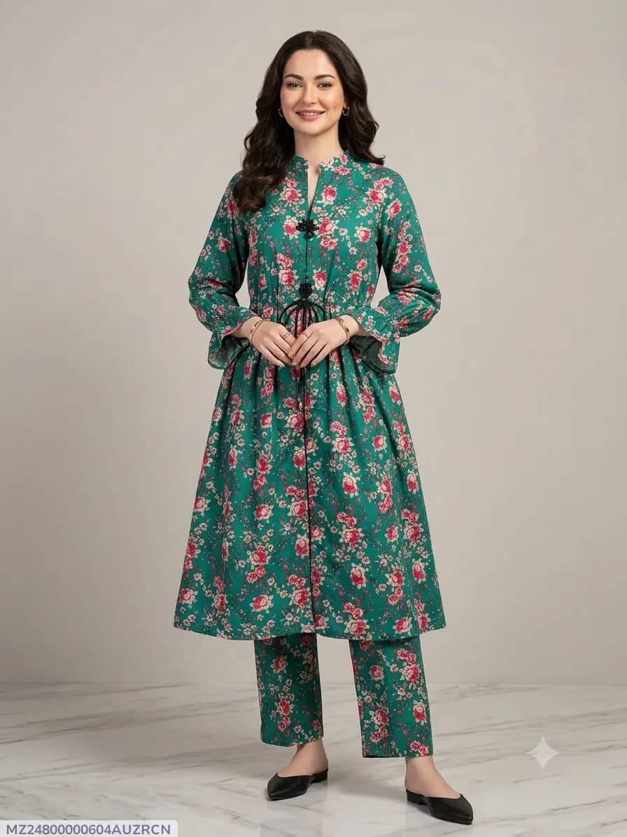 2 Pcs Women's Stitched poly Cotton Printed Frock And Trouser