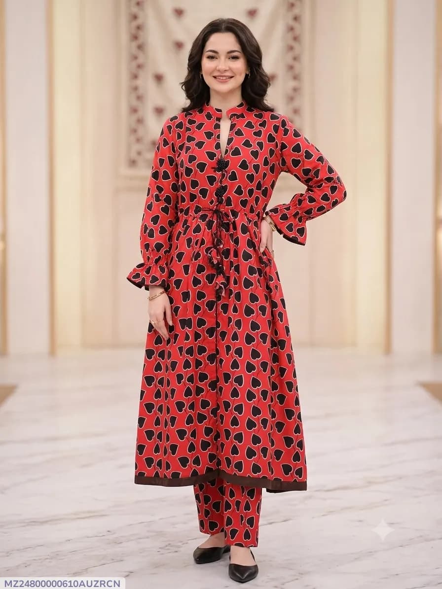 2 Pcs Women's Stitched poly Cotton Printed Frock And Trouser