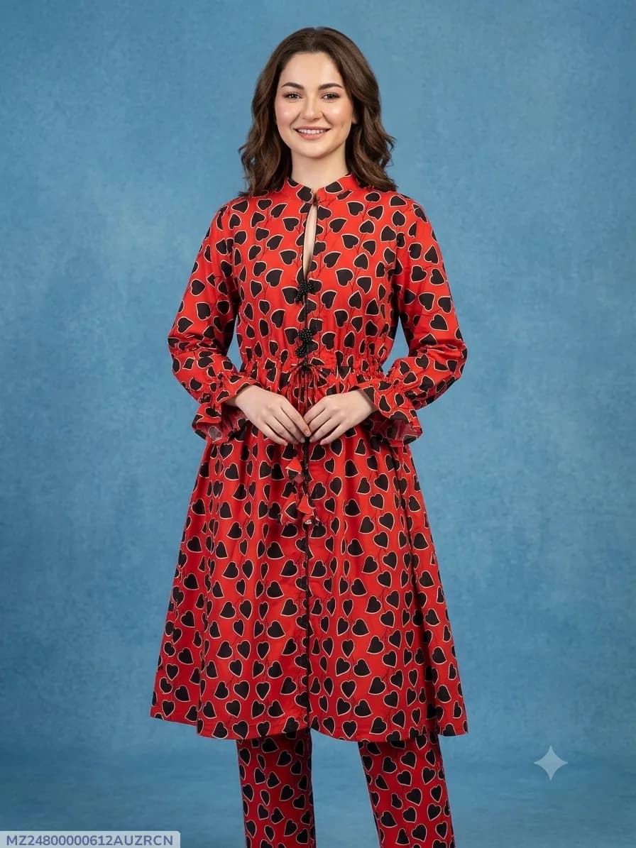 2 Pcs Women's Stitched poly Cotton Printed Frock And Trouser