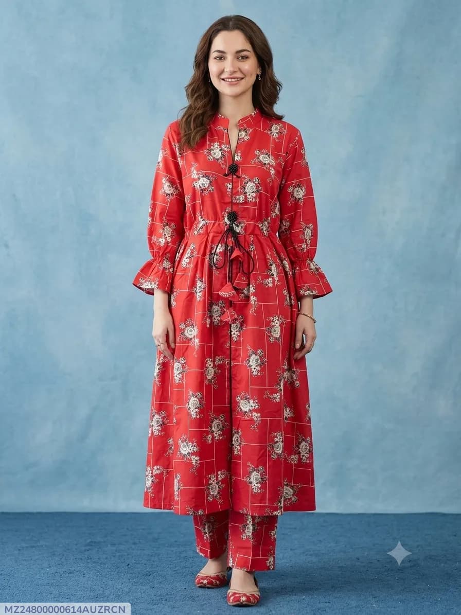 2 Pcs Women's Stitched poly Cotton Printed Frock And Trouser