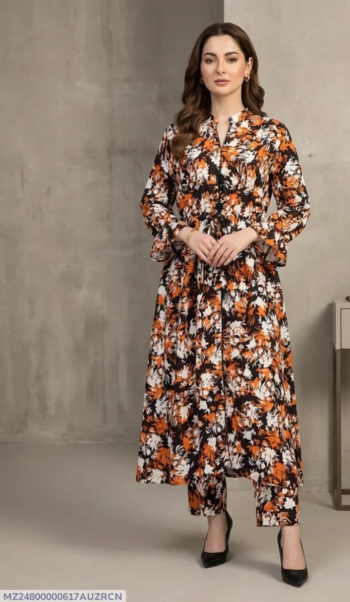2 Pcs Women's Stitched poly Cotton Printed Frock And Trouser