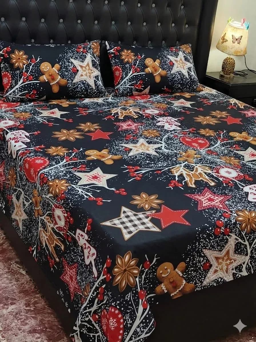 Cotton Printed Bedsheet Set Black Double Bed 3 Pcs