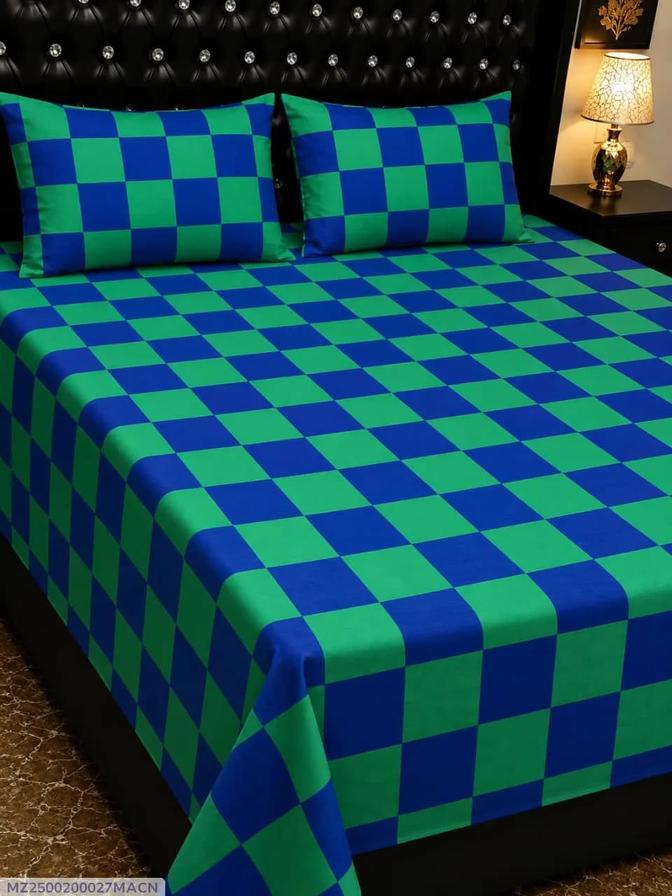 Green Blue Checkered Bedsheet Set for Double Bed