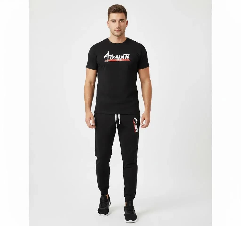 Men Black Printed Track Suit 2Pcs Micro Interlock