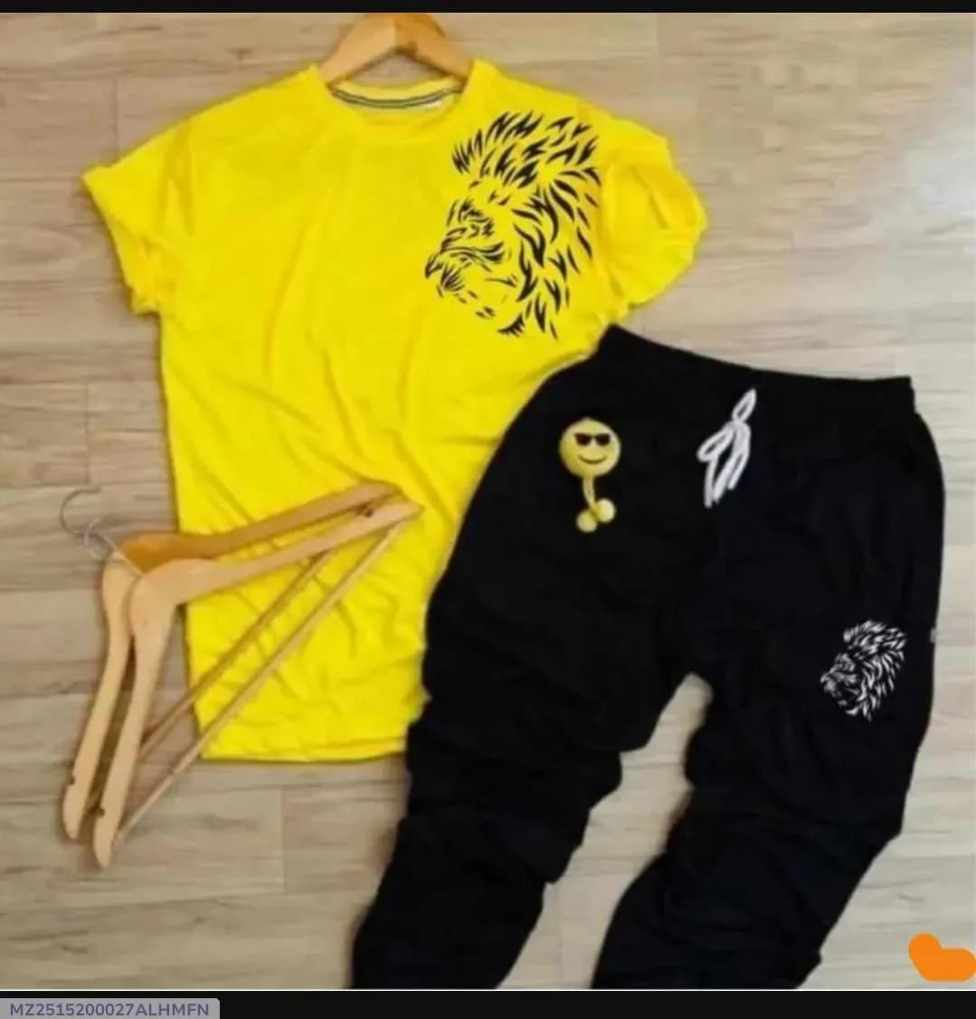 Men Yellow Lion Printed Track Suit 2Pcs Polyester Summer