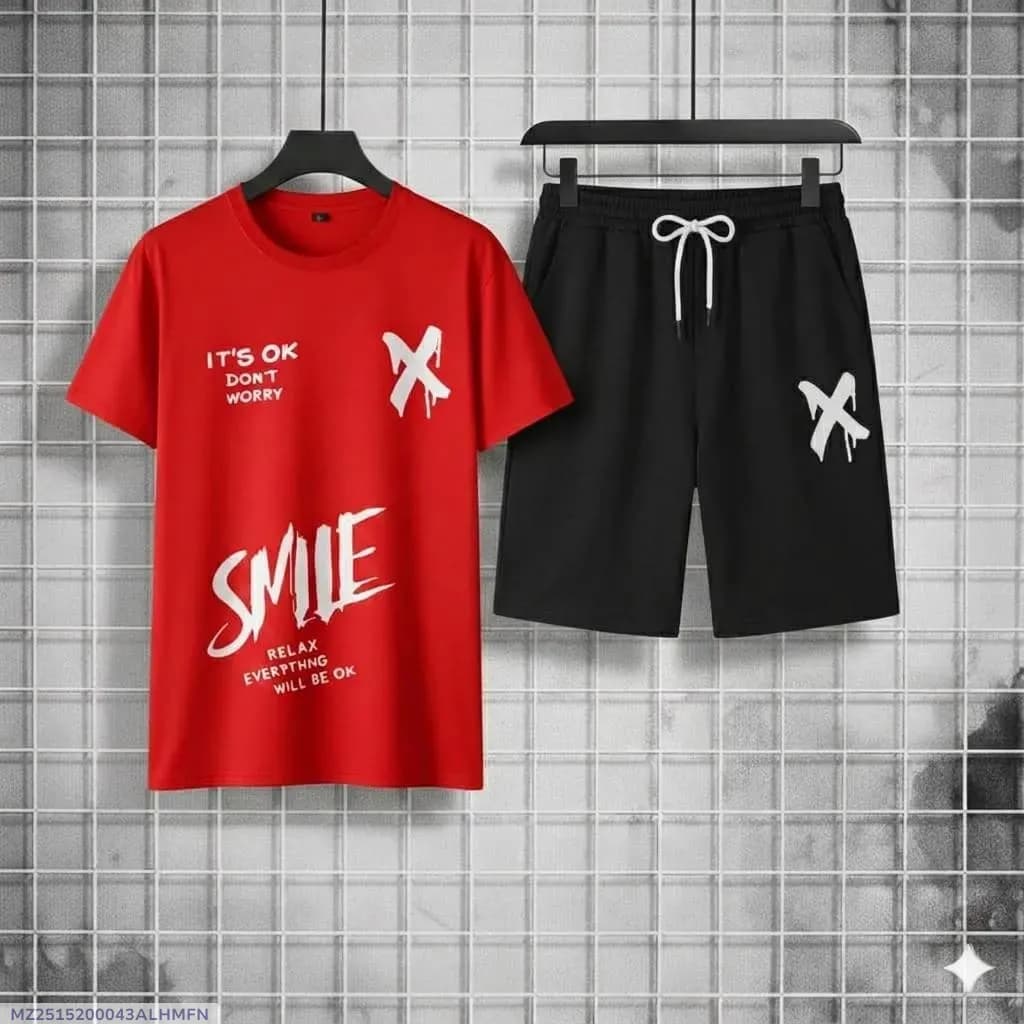 2 Pcs Men's Polyester Printed T-Shirt & Shorts Tracksuit