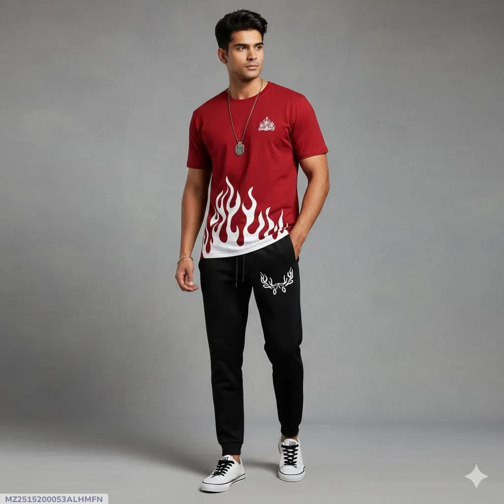 Men Maroon Flame Track Suit 2Pcs XL