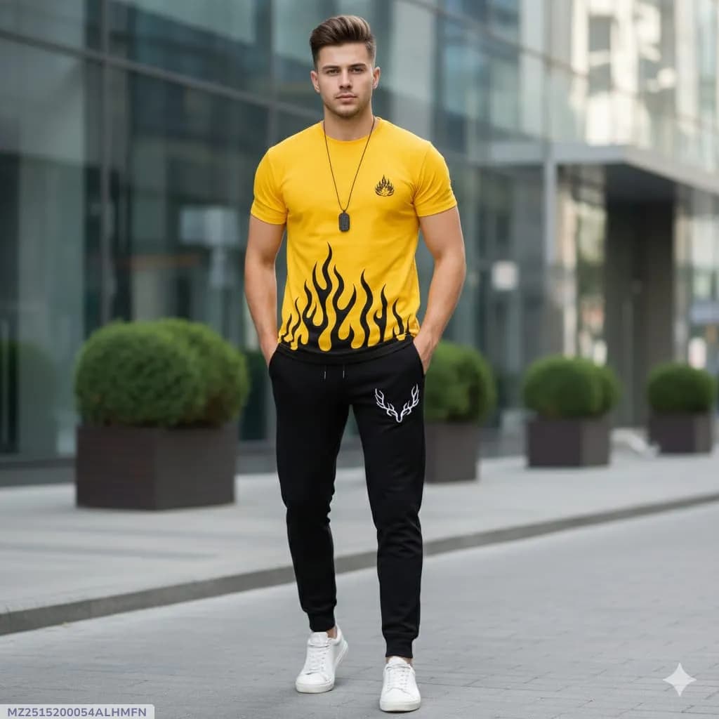 Men Printed Track Suit Yellow Flame