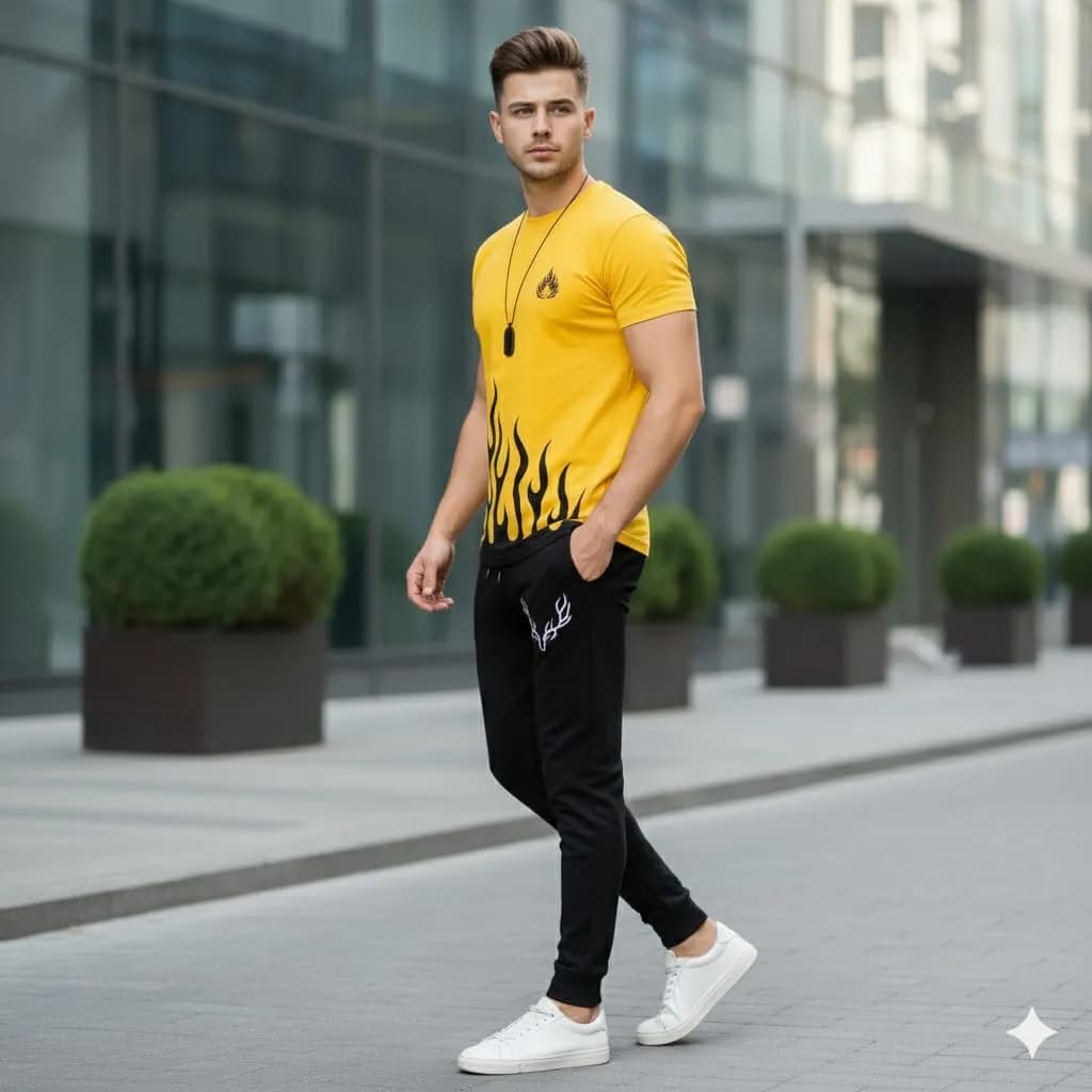 Men Printed Track Suit Yellow Flame