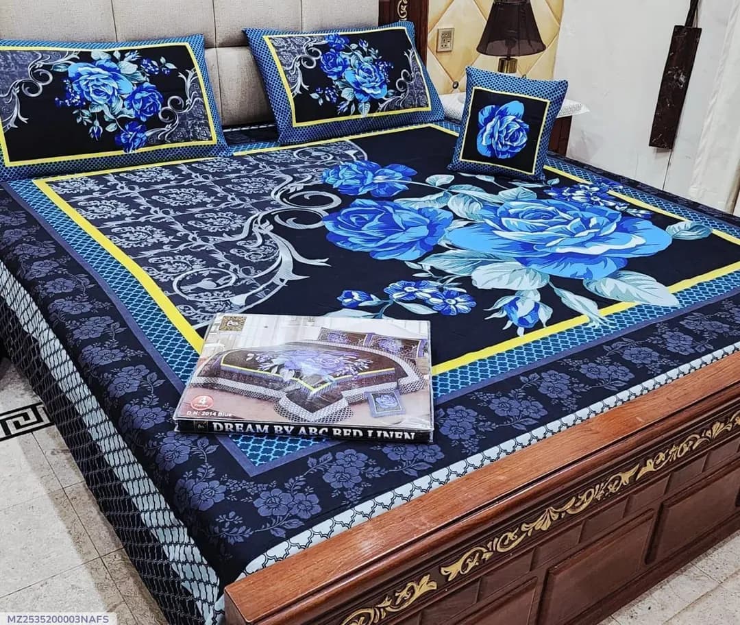 Crystal Cotton Printed Double Bedsheet Black 4Pcs Set