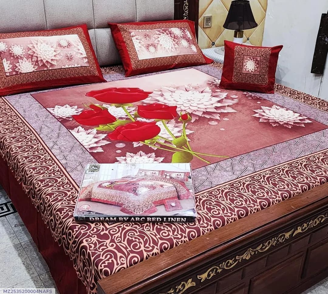 Red Crystal Cotton Double Bedsheet Set 4 Pcs