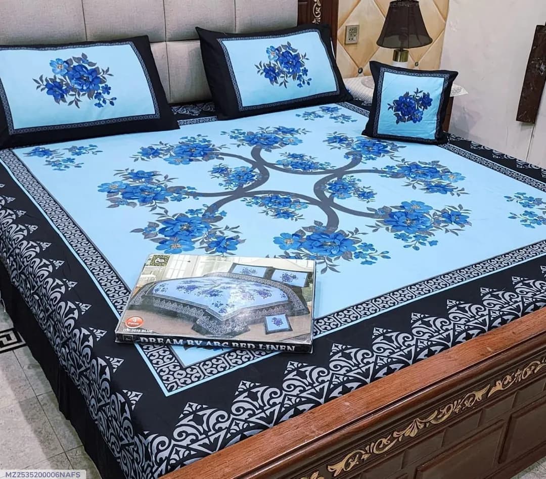 Crystal Cotton Printed Double Bedsheet Turquoise 4 Pcs Set