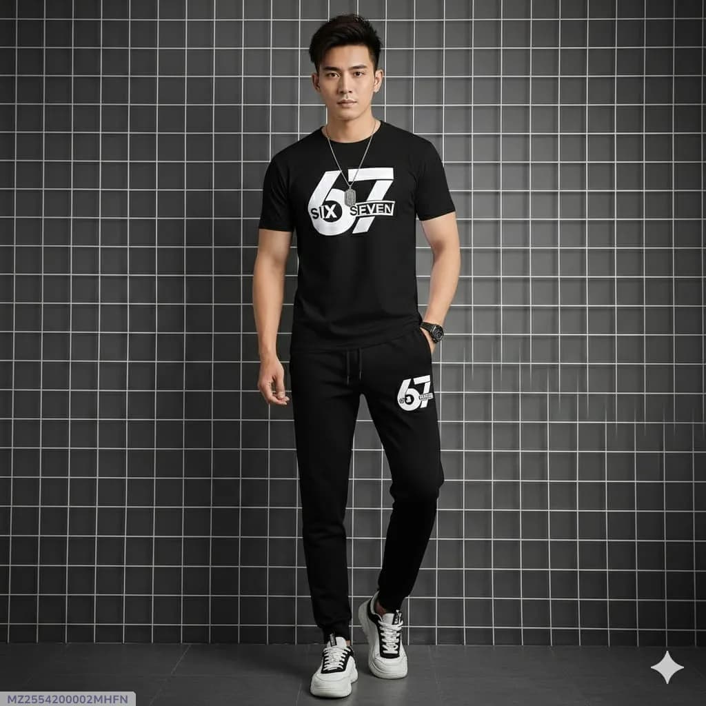 Men Black Printed Track Suit 2 Pcs