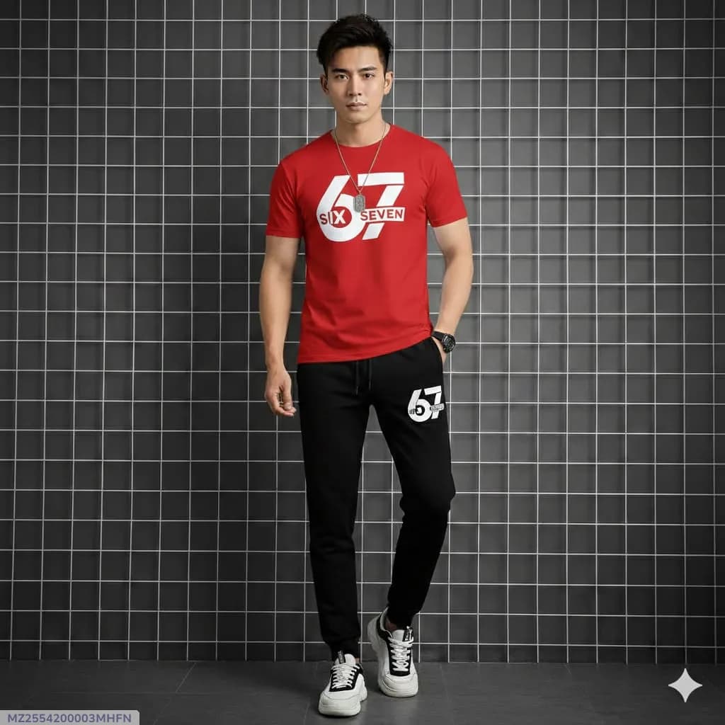 Men Red Printed Track Suit 2 Pcs