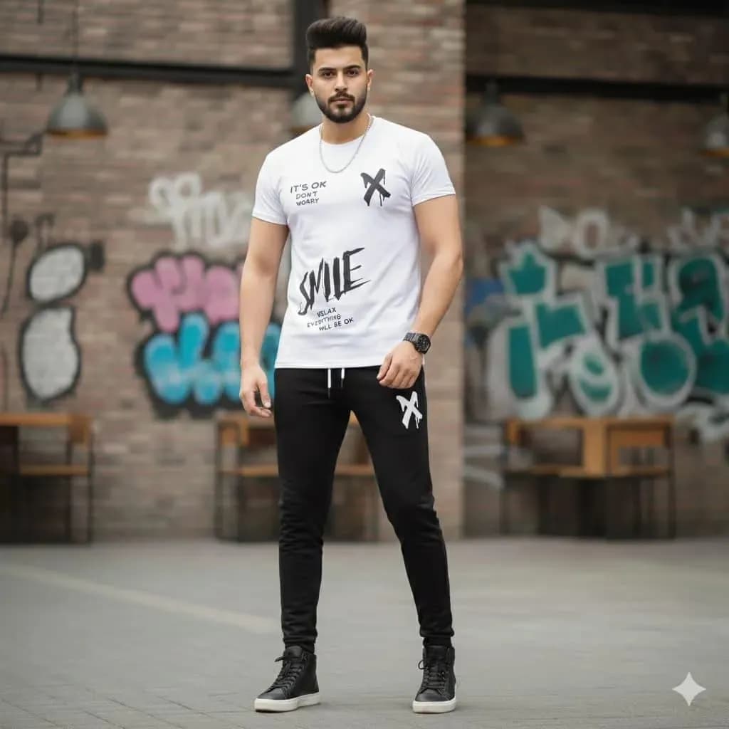 Men Printed Track Suit White Black