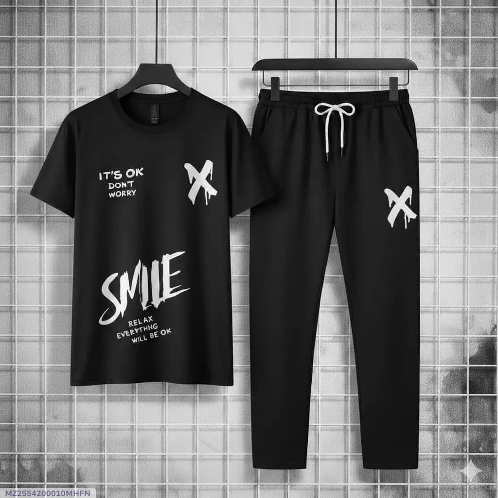 Men Black Printed Track Suit 2 Pcs Polyester Summer Wear