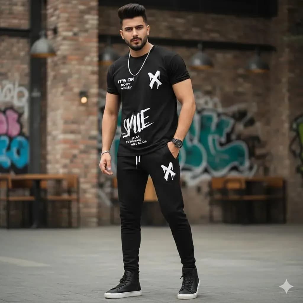 Men Black Printed Track Suit 2 Pcs Polyester Summer Wear