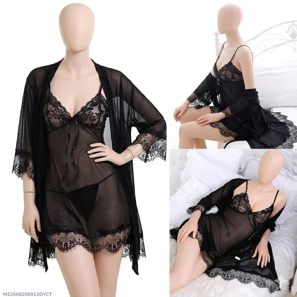 3 Pcs Women's Stitched Soft Net Lace-Work Night Suit / Bridal Nighty (Gown Inner Panty)