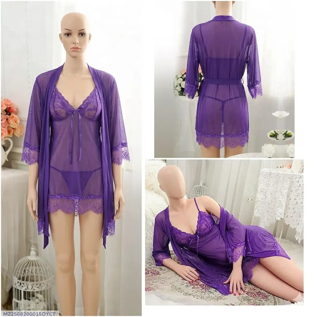 3 Pcs Women's Stitched Soft Net Lace-Work Night Suit / Bridal Nighty (Gown Inner Panty)