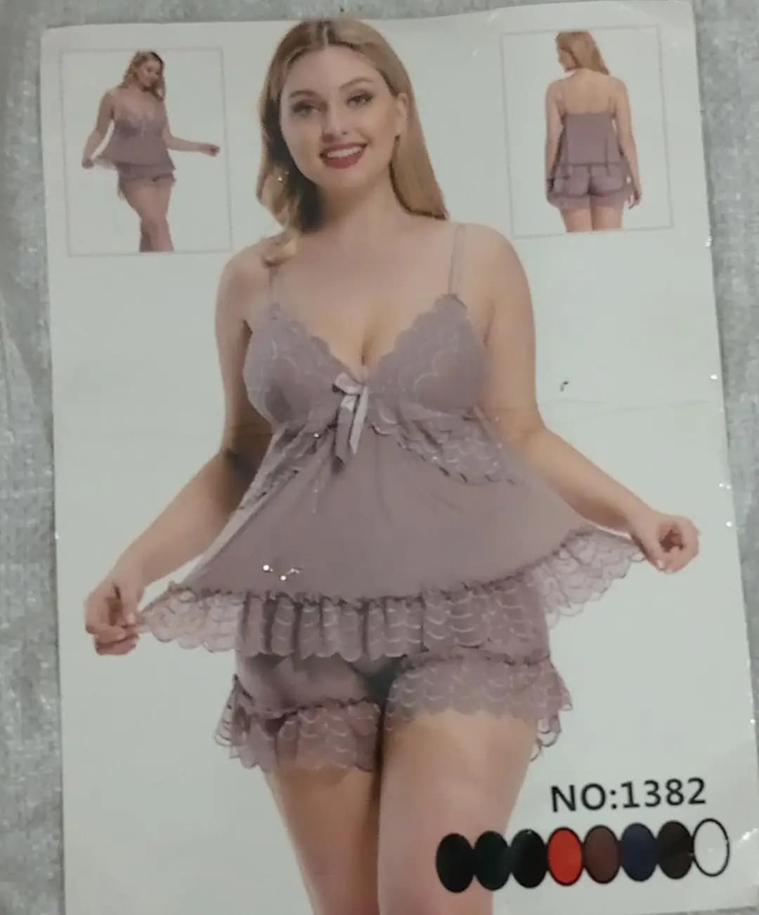 2 Pcs Women's Stitched Silk Lace-Work Night Suit / Imported Short Nighty (Top & Short)