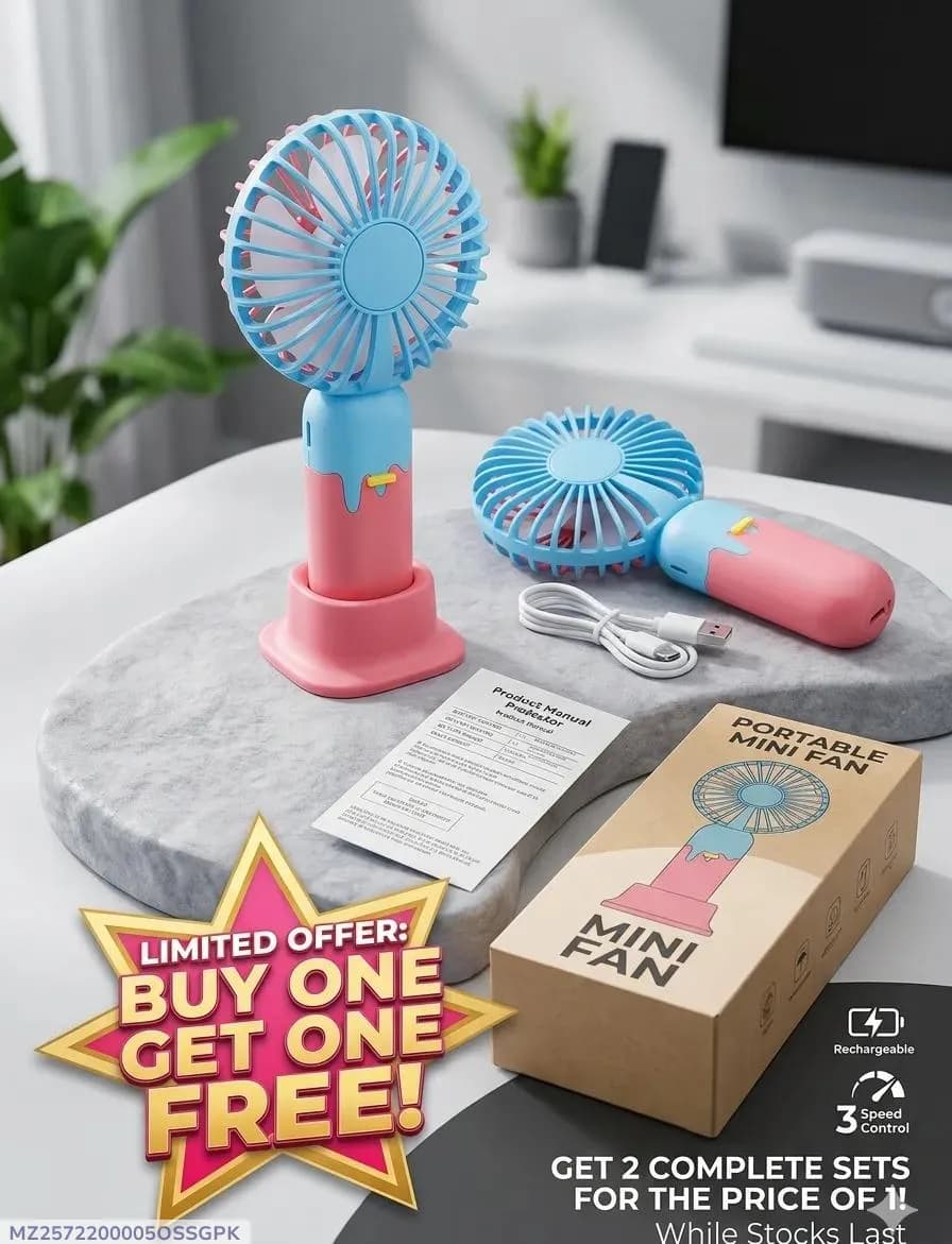 Buy 1 Get 1 Free Rechargeable Mini Multifuncation Cooling Fan Portabkle DEsk Handheld Fan 2 pcs