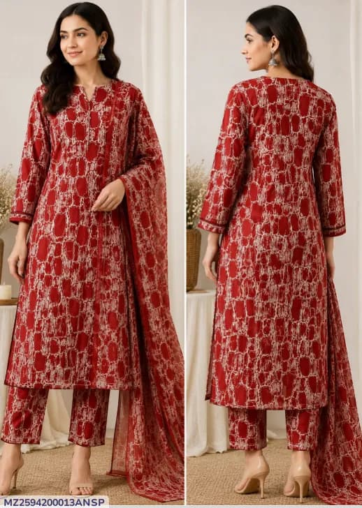2 Pcs Women's Unstitched Printed Suit Rust Brown Abstract Stone Print Fabric