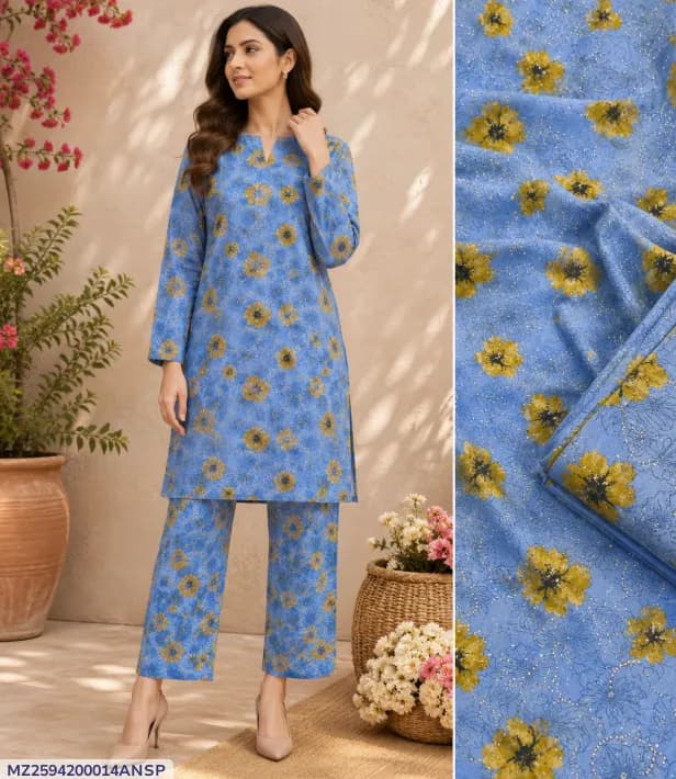 2 Pcs Women's Unstitched Digital Print Suit Sky Blue & Yellow