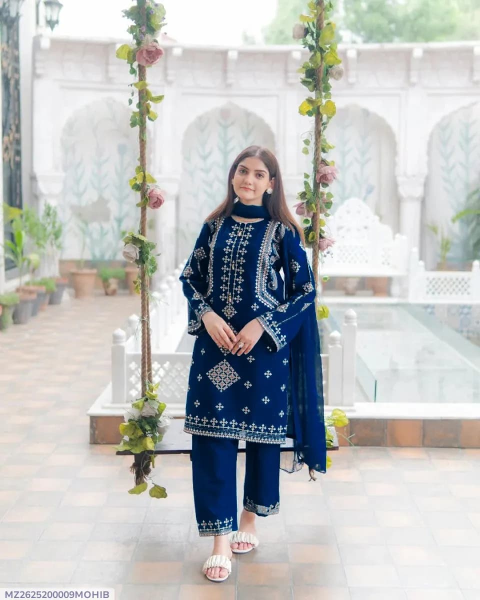 3 Pcs Women's Stitched Cotton Embroidered Suit