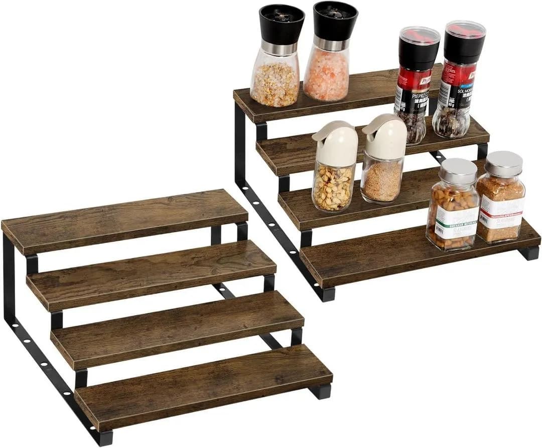 4-Layer Wooden Spice Rack Brown Black Metal Support - image 1