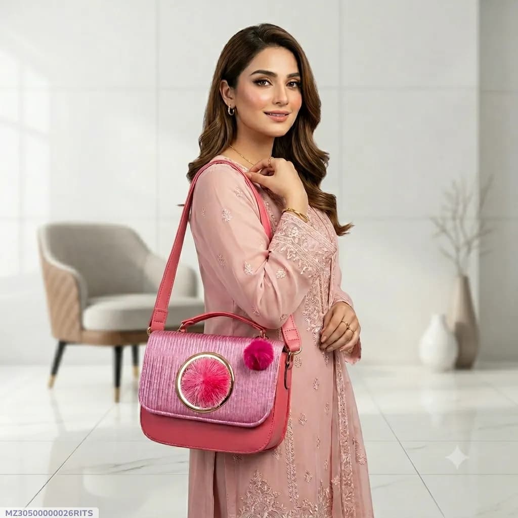 Elegant Blossom Pom Pom Women's Crossbody Pink Bag With Long Strap