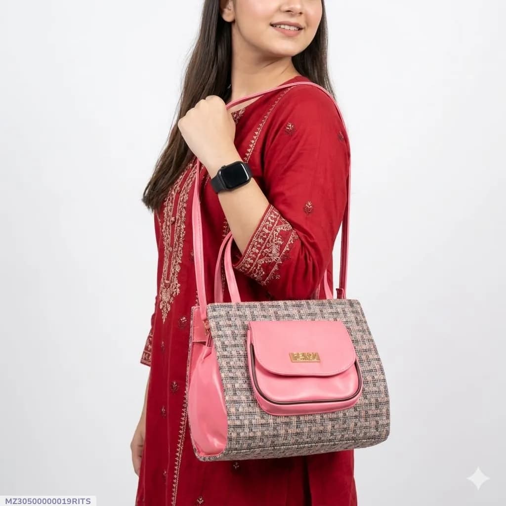 Elegant Pink Jute Textured Shoulder Bag with Long Strap