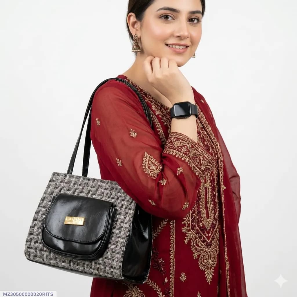 Elegant Black Jute Textured Shoulder Bag for Women 22x10x21.5cm