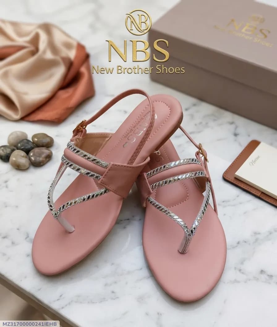 Pink Leather Women's Flat Sandals with Crystal Strap