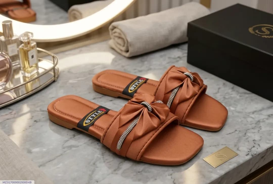 Women Brown Bow Flat Slippers with Rhinestone Strap