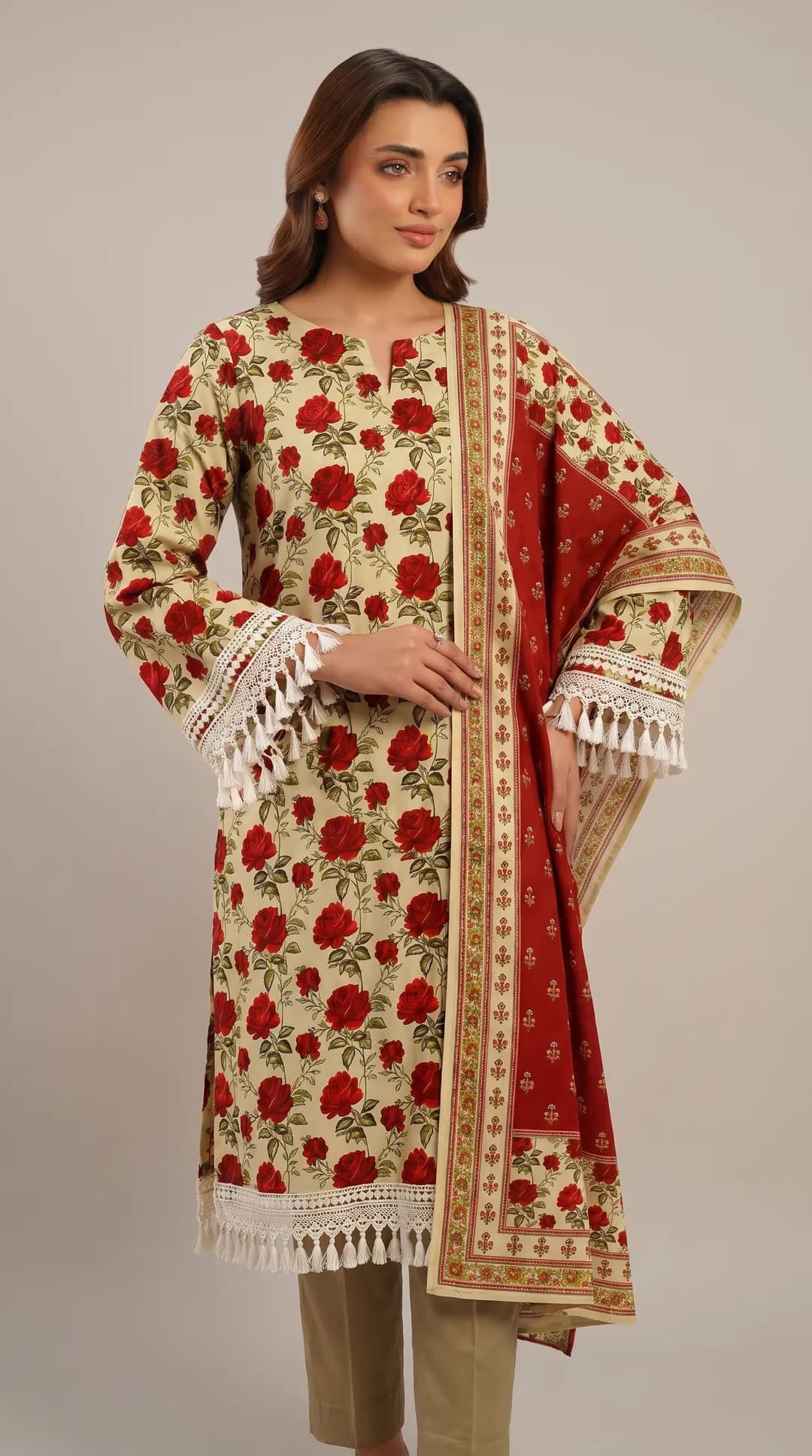 Women's 3-Piece Printed Lawn Suit White Red Roses