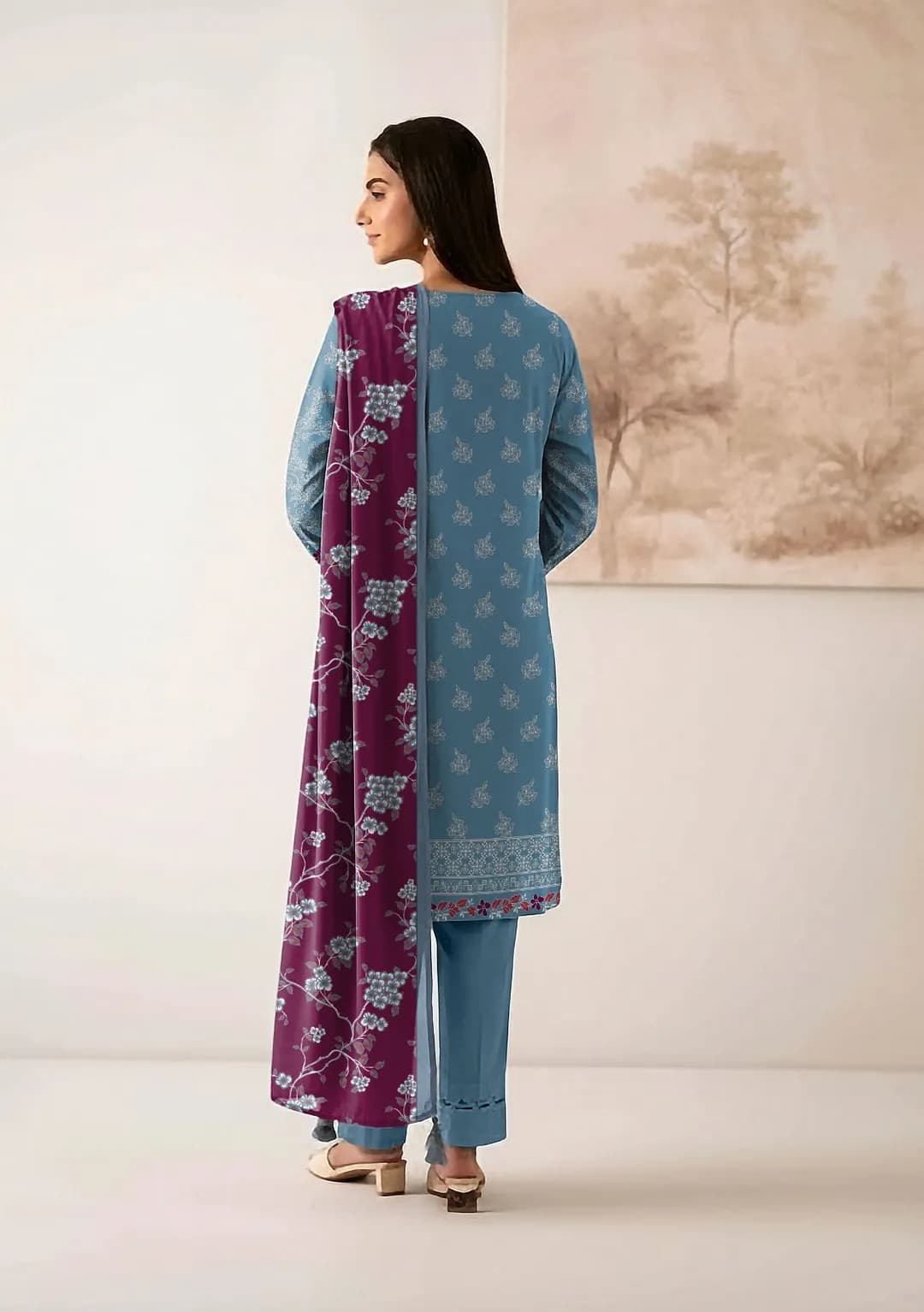 Blue Printed Dobby Lawn 3Pcs Set for Women