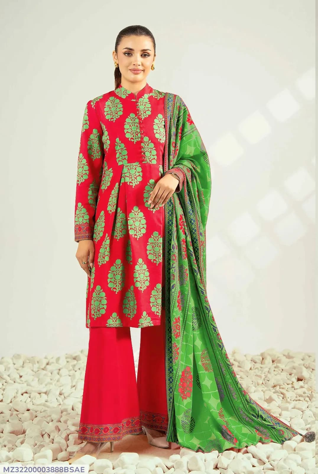 Red Printed 3-Piece Dobby Lawn Suit for Women