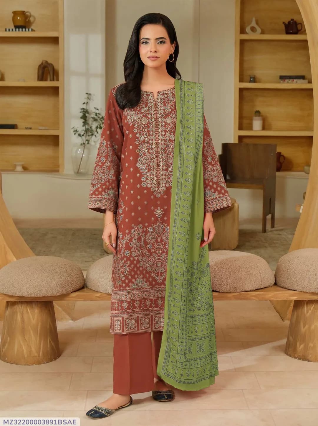 Brown Printed 3-Piece Dobby Lawn Suit Set