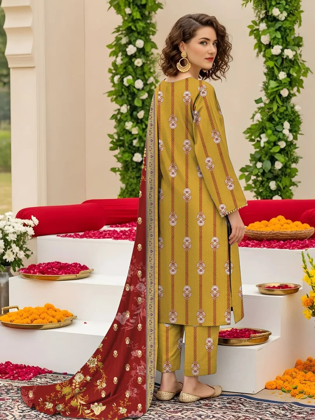 Golden Printed 3 Pcs Women's Lawn Suit