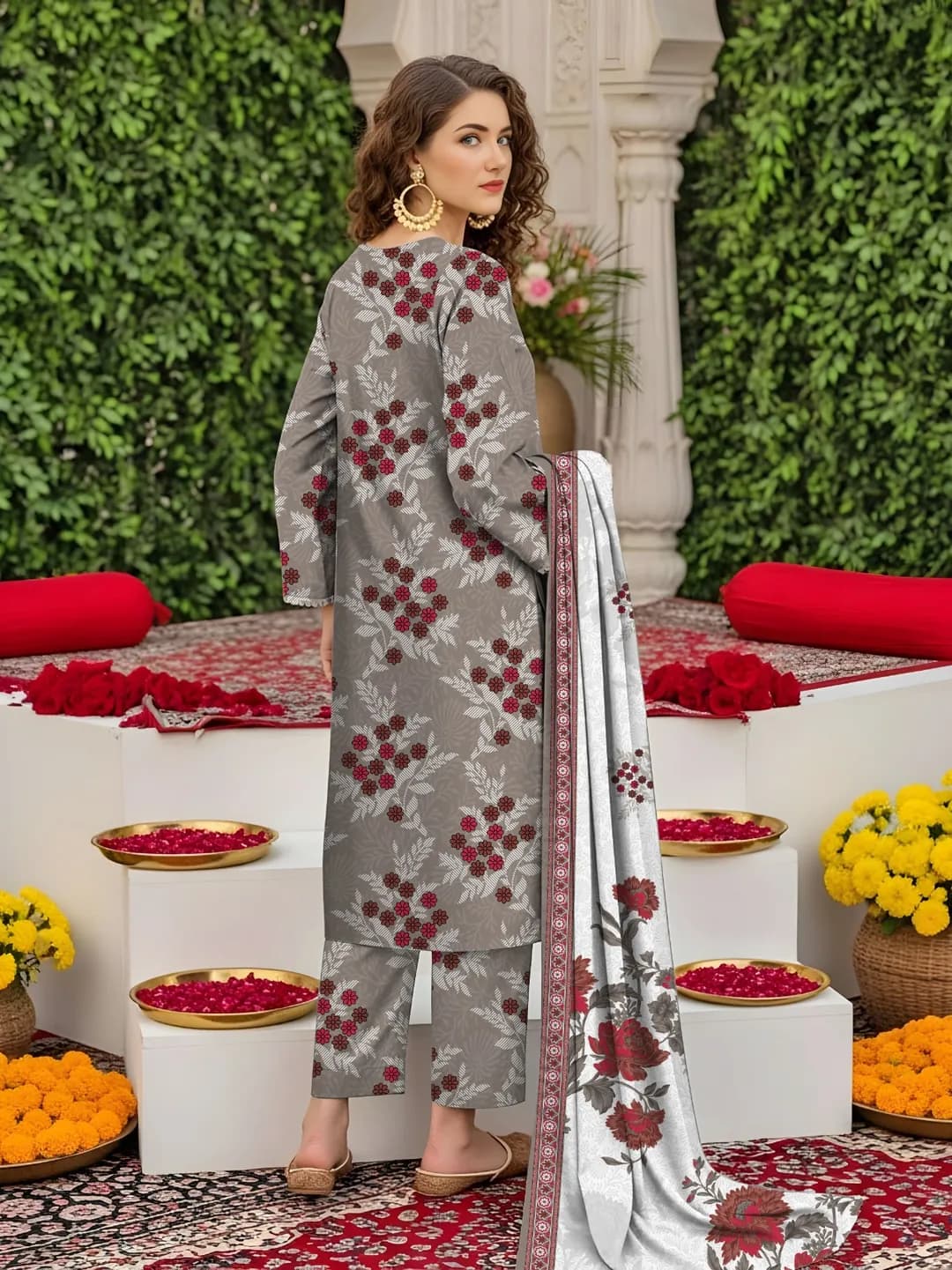 Women's 3-Piece Printed Lawn Suit Grey
