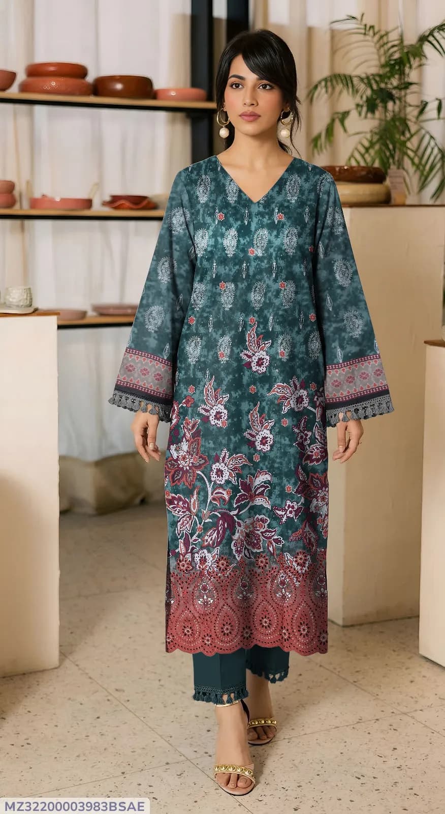 Women's Embroidered Lawn Suit Green Bakra Eid Party Wear Shirt Fabric