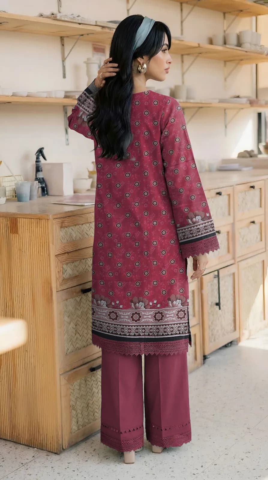 Maroon Embroidered Lawn 2-Piece Women Suit for Bakra Eid