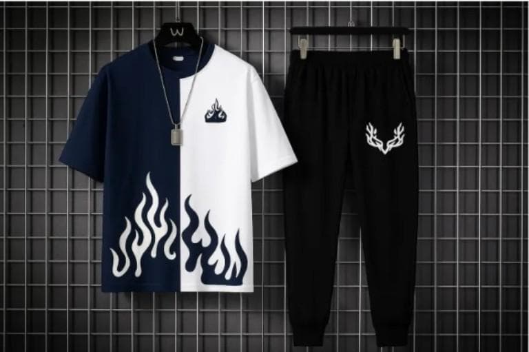 Men Polyester Flame Print Track Suit Blue White Black Medium to XL