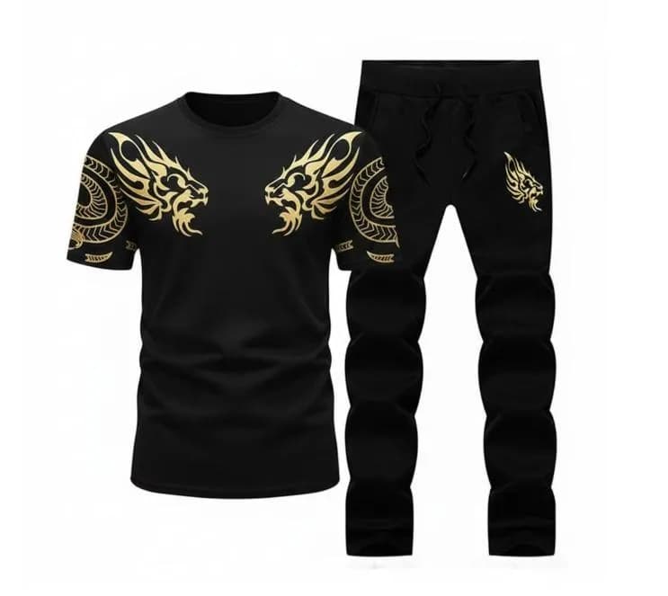 Men Black Lion Printed Slim Fit Track Suit 2Pcs
