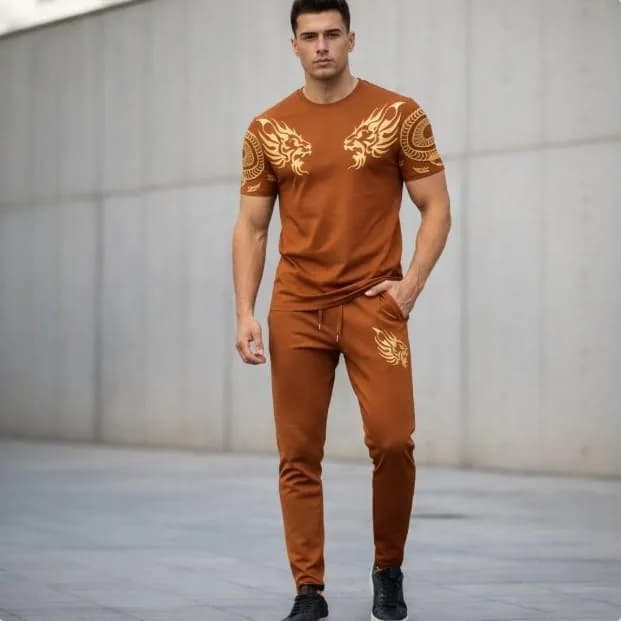 Men Lion Print Track Suit Brown Slim Fit