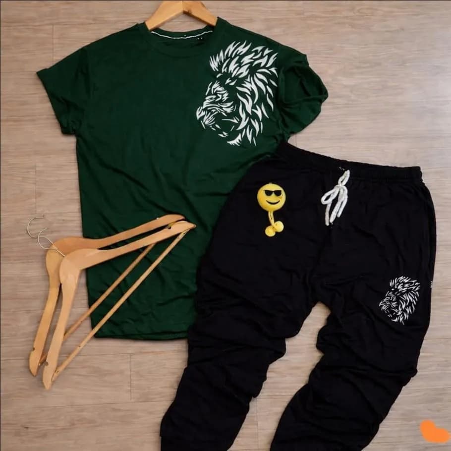 Men Lion Print Track Suit Green Black 2Pcs Slim Fit